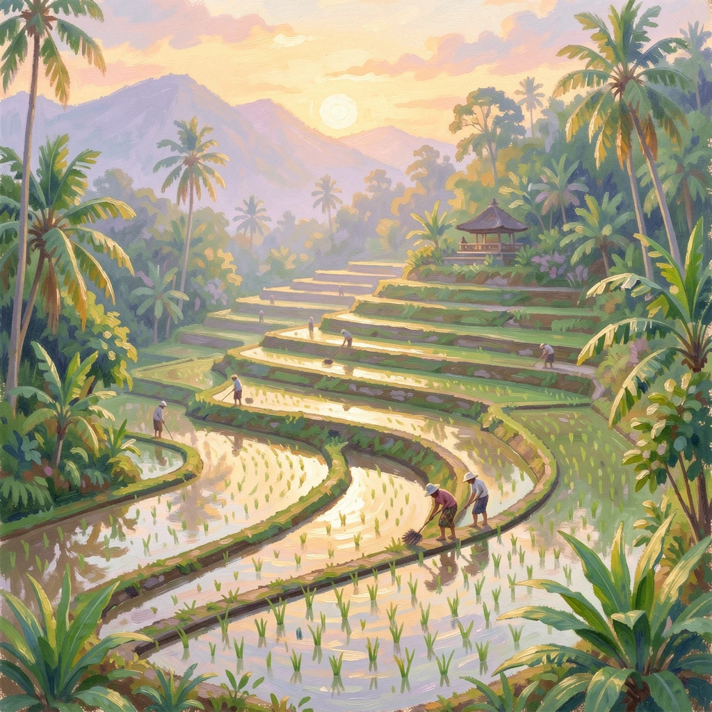 A traditional Balinese rice terrace at sunrise, farmers working among the flooded green fields, in the lush green of midsummer, capturing a moment of quiet intimacy.