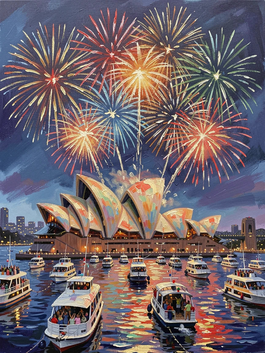 A dazzling Australian New Year fireworks display illuminates Sydney Harbour, ferries and boats crowding the water beneath the colorful sky, the atmosphere charged with music, movement, and a shared sense of celebration.