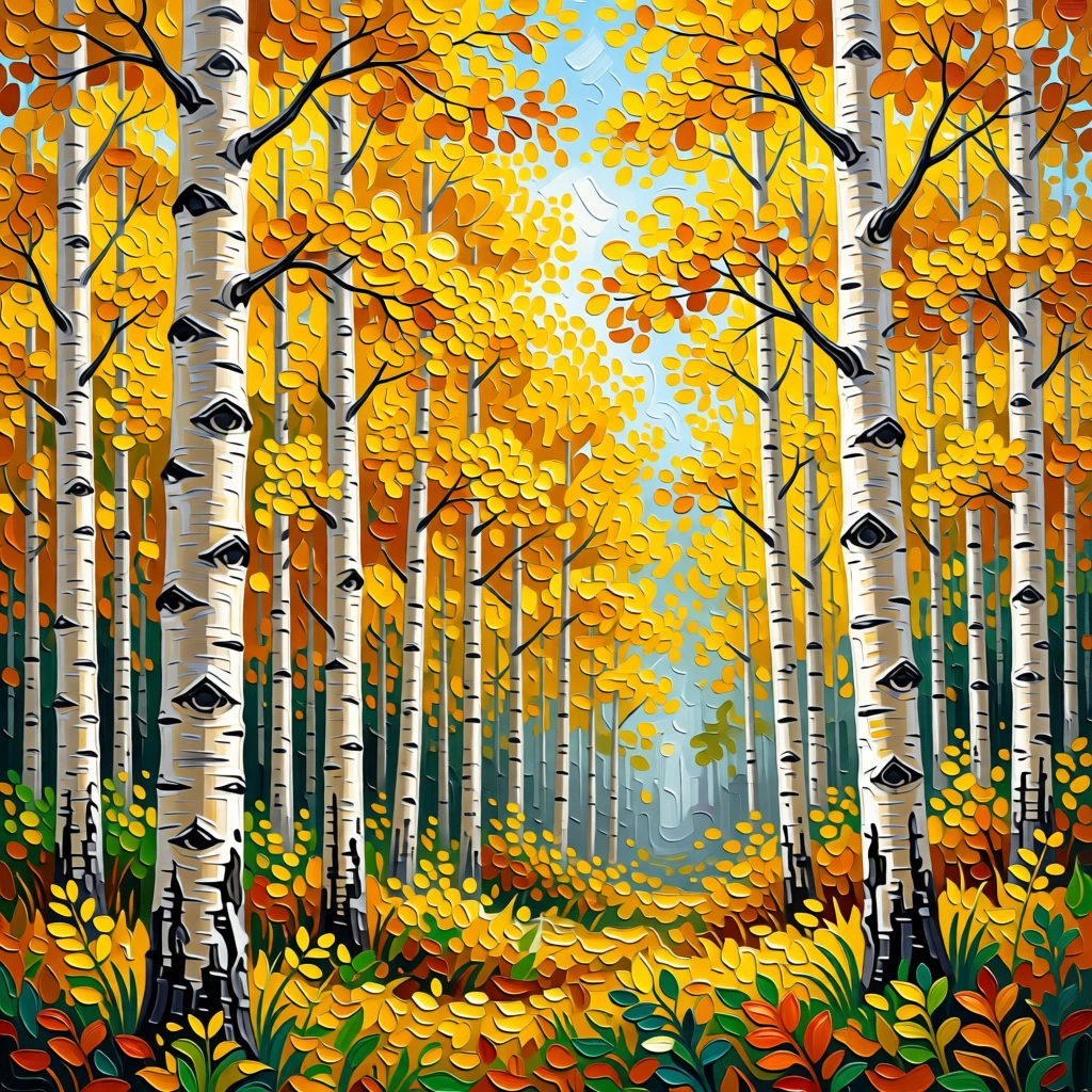 A forest of aspen trees with golden leaves trembling in a gentle breeze