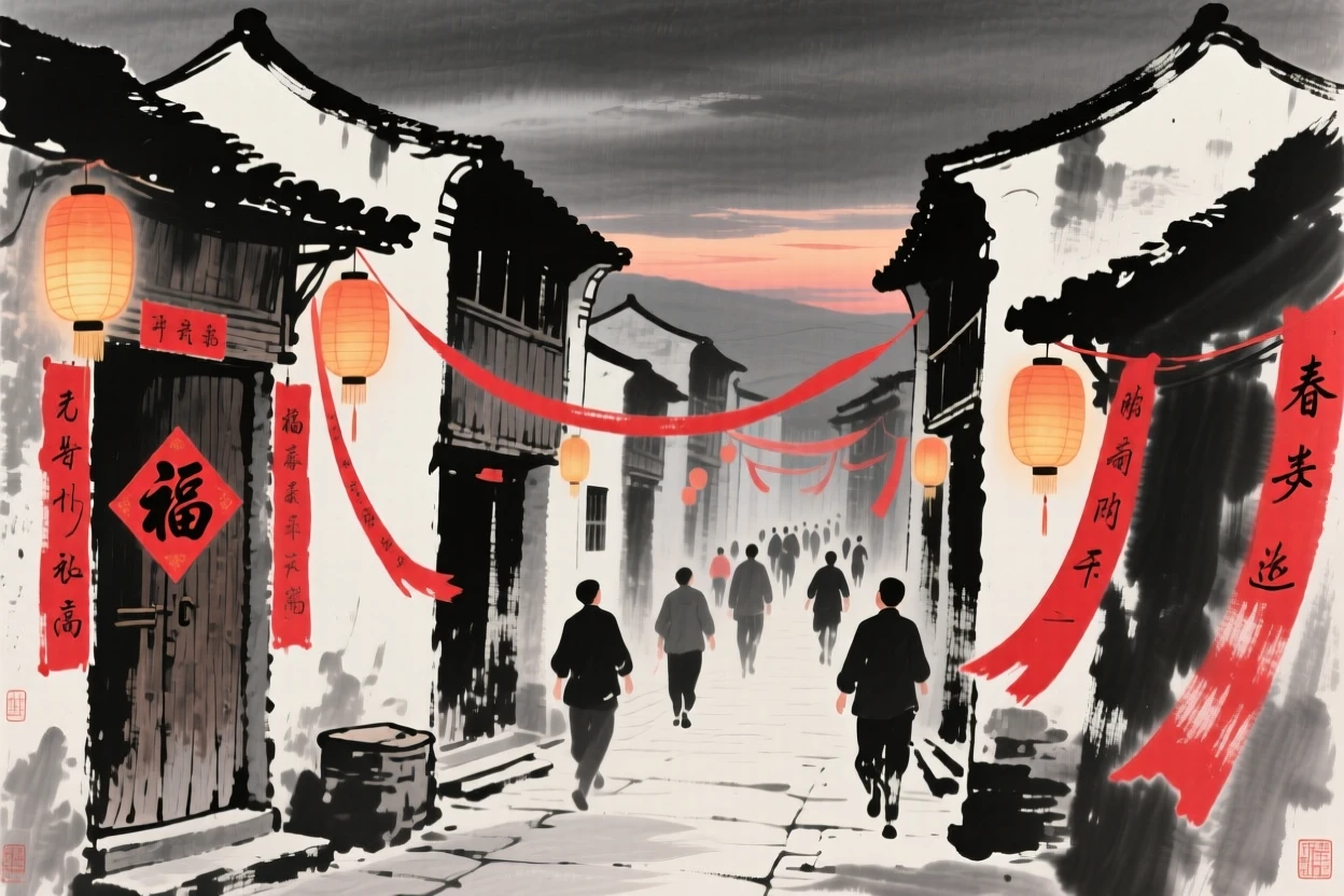 Red paper decorations hang from doorways throughout a bustling village street, as lanterns glow warmly against the evening sky.