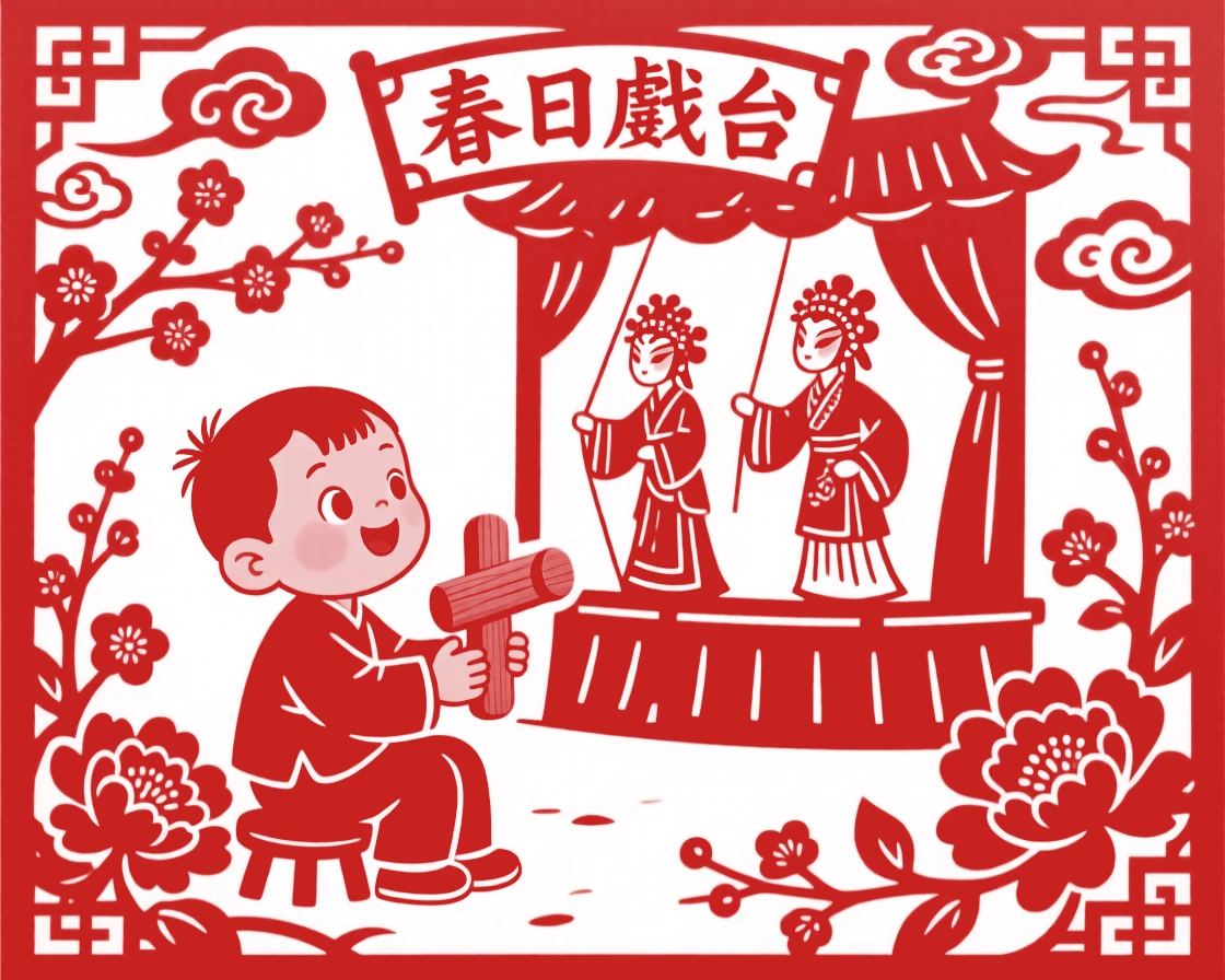 A small boy with a wooden toy, watching a puppet show with wide, delighted eyes, the scent of blossoms filling the spring air.