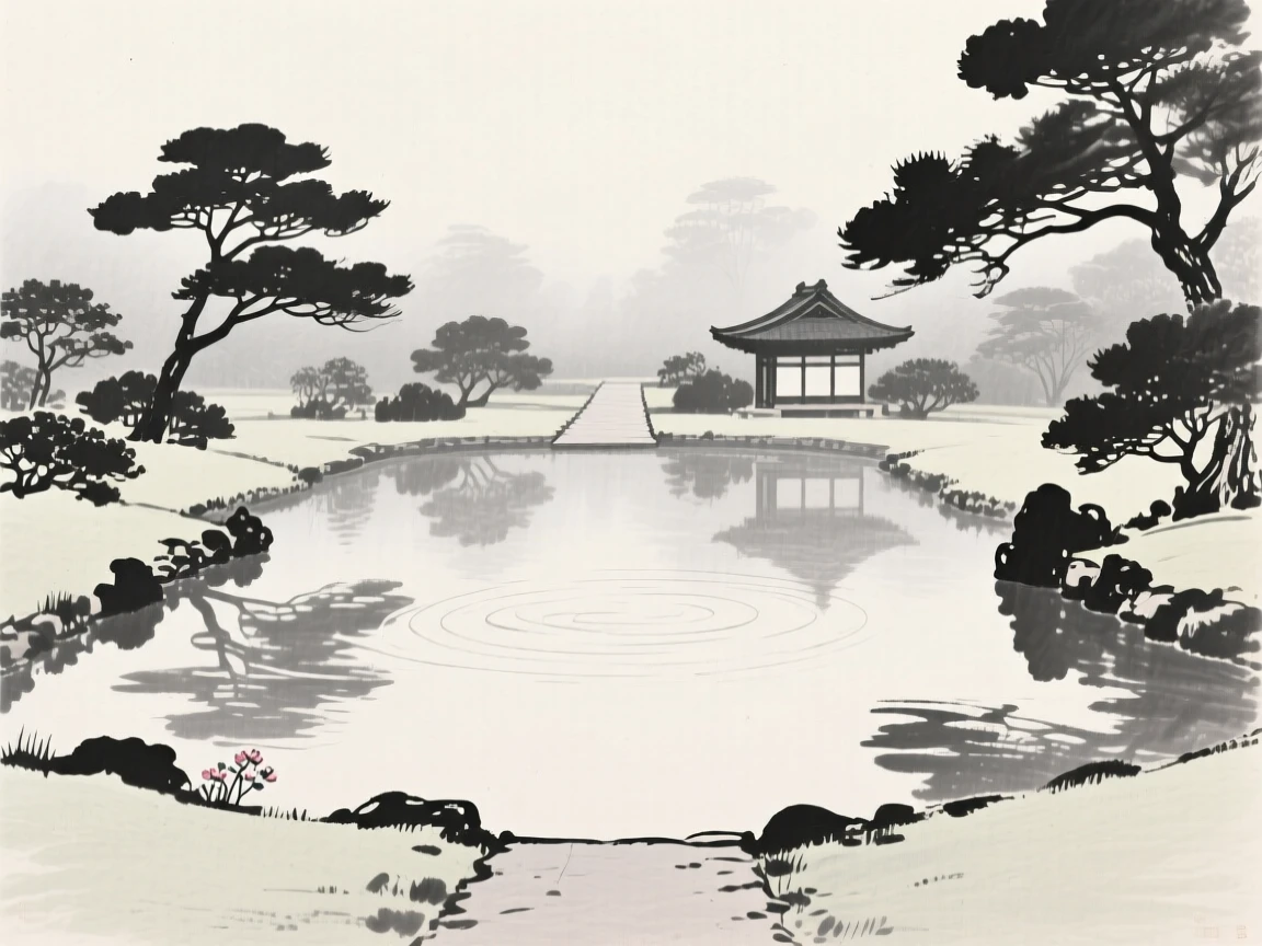 A traditional garden with a still reflecting pool wrapped in early morning fog, framed symmetrically along a central path, conveying quiet reverence for the past.