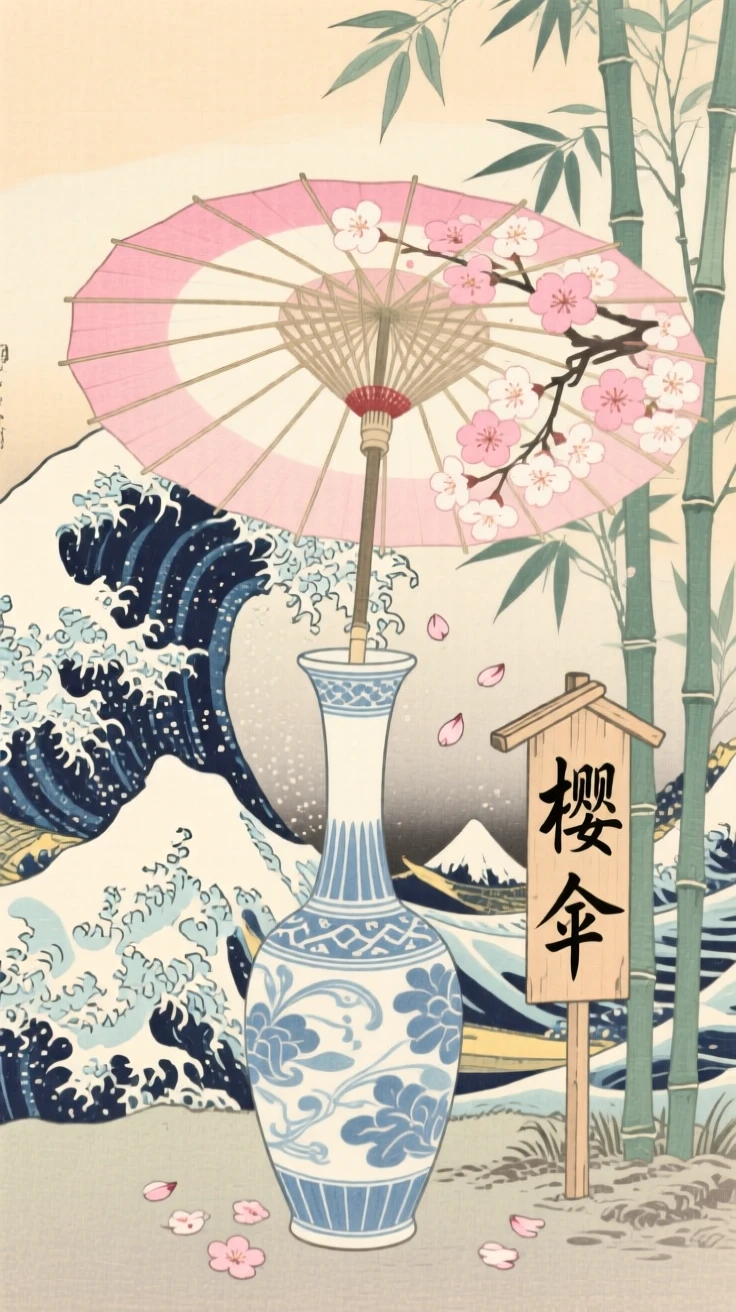 A cherry-blossom painted paper umbrella arranged in a tall ceramic vase.