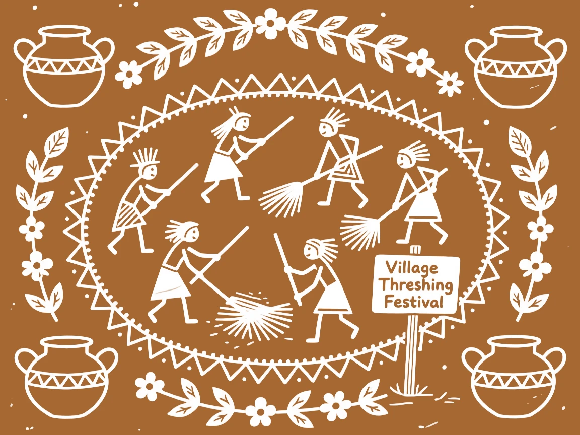 A composition centered on a village threshing circle decorated with garlands and ceremonial pots.