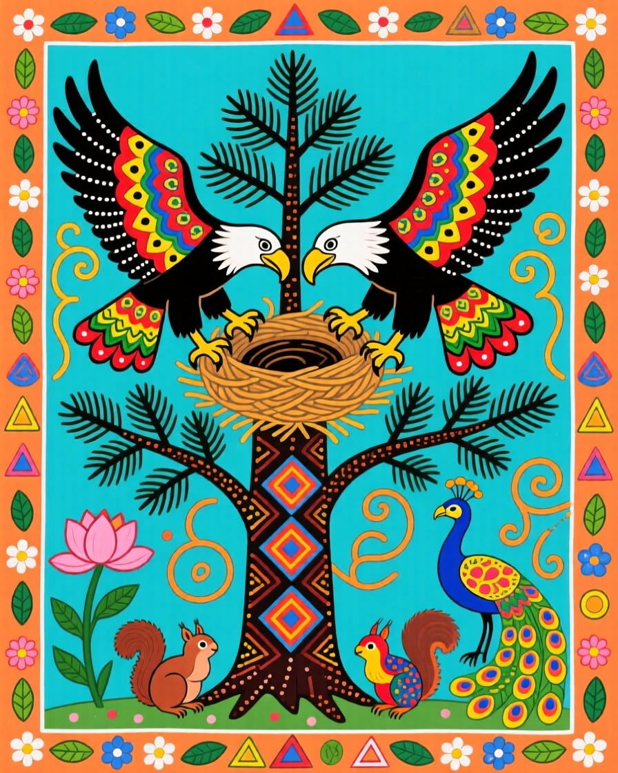 A pair of bald eagles building a nest atop a tall pine.