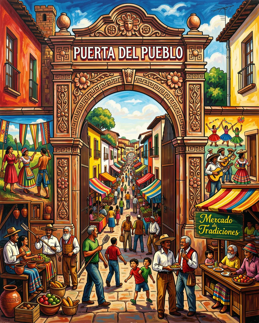 A historic city gate leading into a bustling old town