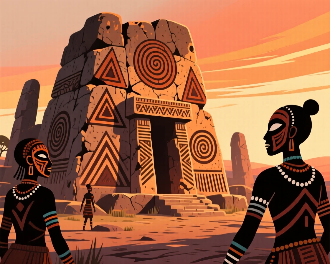 An ancient stone ruin glowing under a warm sunset.
