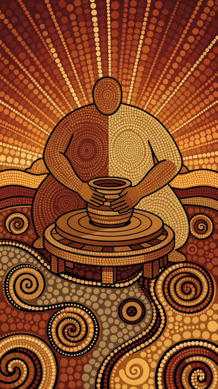 A potter shaping clay at a rustic wheel at sunset