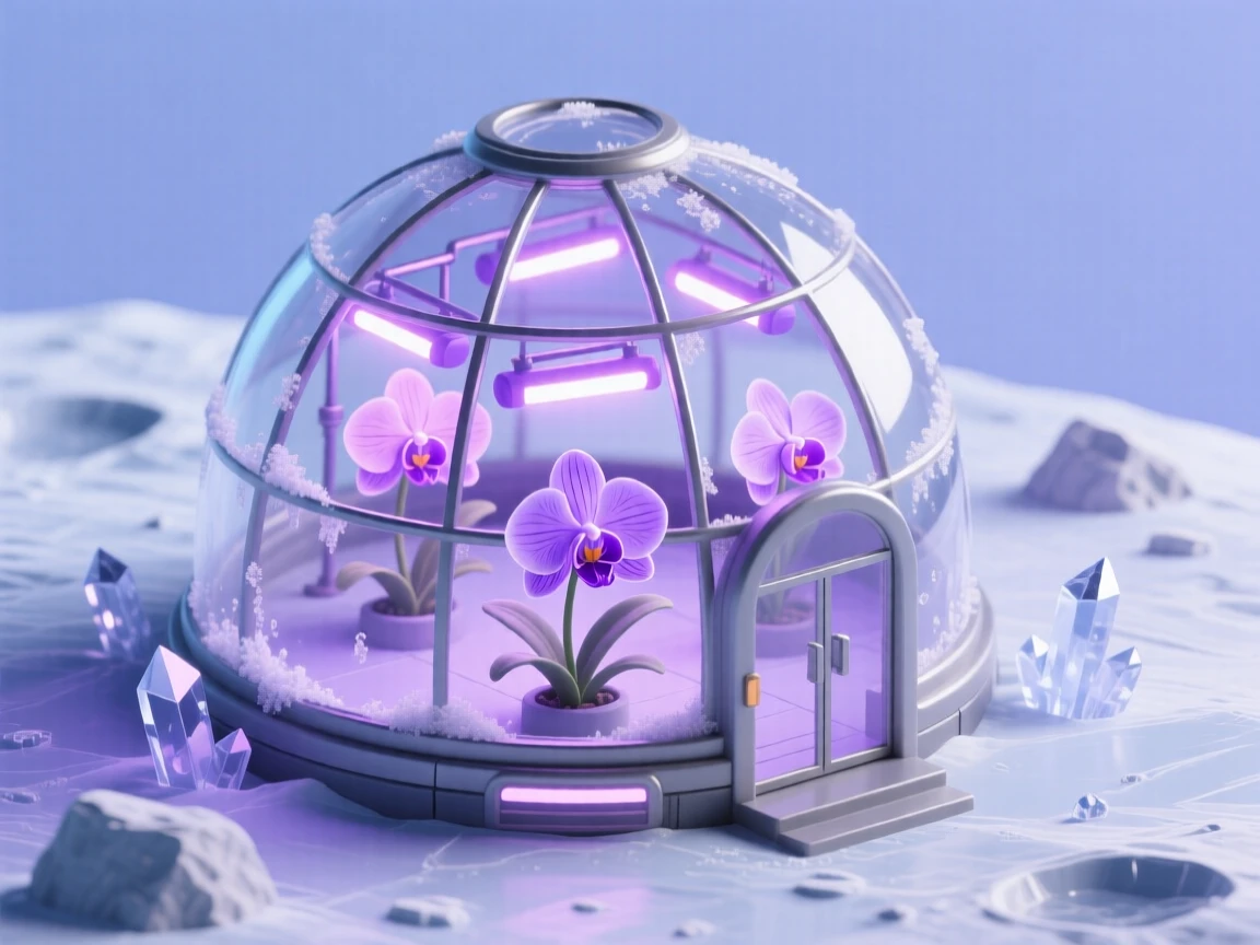 A space greenhouse dome on a distant ice moon, tending glowing orchids beneath artificial violet light.