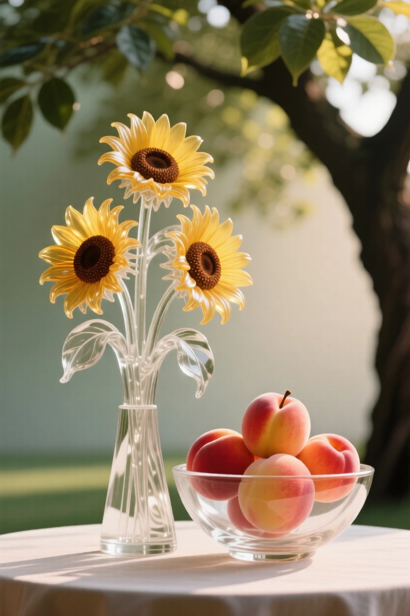On a table set outdoors beneath a shady tree, a bunch of sunflowers standing beside a bowl of ripe peaches
