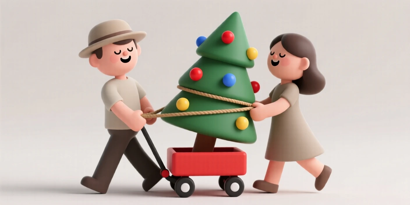 A joyful couple carries a decorated tree home together, tied carefully atop a small red wagon.