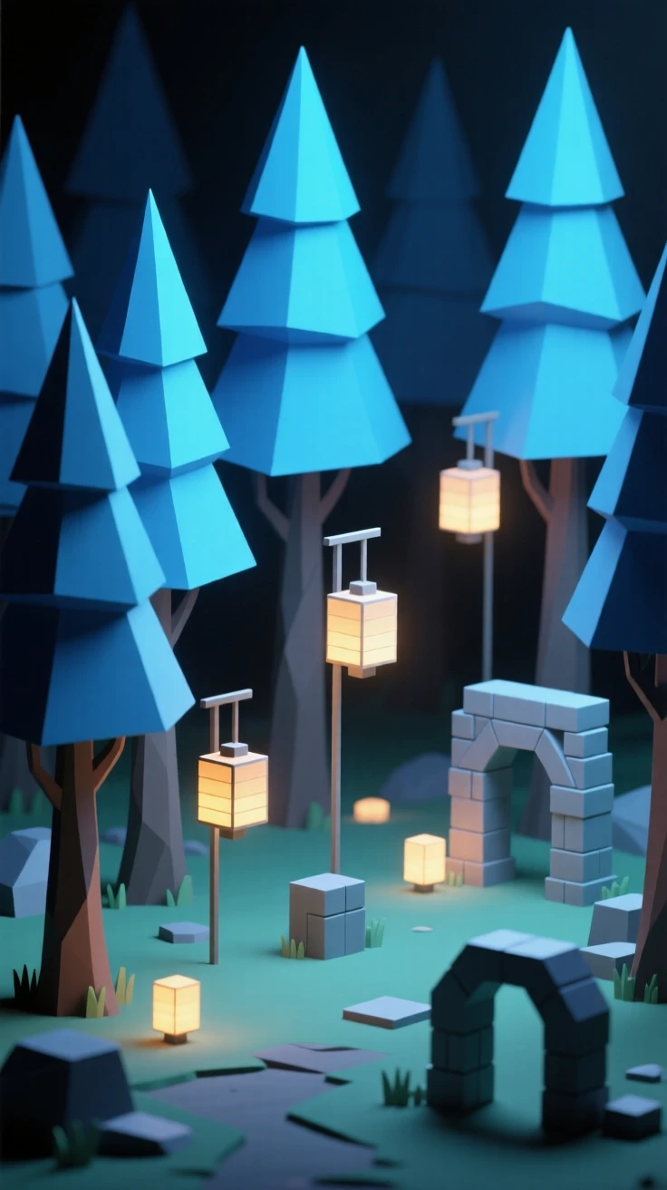 An enchanted forest with luminous blue trees, within a forest lit by floating lanterns. soft glowing light sources create dramatic highlights. There is an air of ancient mystery.
