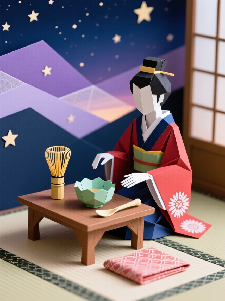 A traditional tea ceremony filling a twilight sky with soft glowing light, with intricate patterns catching the eye, evoking deep cultural heritage and pride.