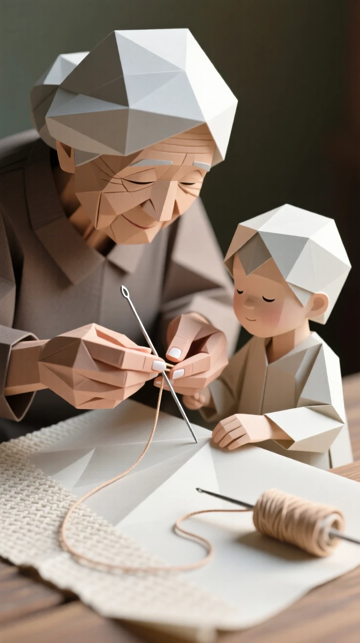 A grandmother's hands guiding her grandchild's first stitches in a sewing lesson.