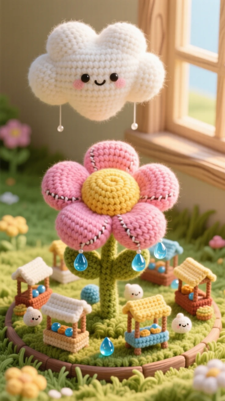 a miniature market built inside a giant flower, with tiny stalls selling dew drops, nestled in a sunlit meadow, resting on a warm sunlit windowsill, with a single drifting cloud shaped like a heart, evoking cozy, whimsical enchantment.