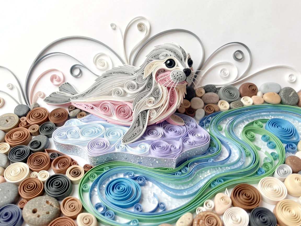 A heartwarming scene of a fluffy baby seal balancing on an ice floe near a babbling brook lined with pebbles, with a shallow sense of depth drawing focus to the eyes, under a dusting of soft morning mist.
