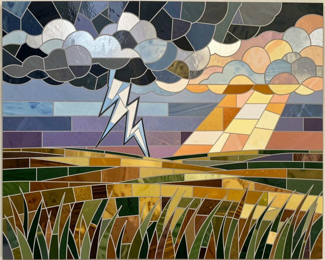 A lightning storm illuminating a wide open prairie at dusk, framed by distant storm clouds and a break of sunlight.