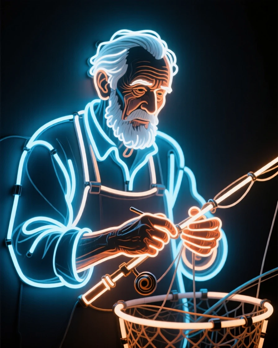 A candid portrait of an elderly fisherman focused intently on their craft.