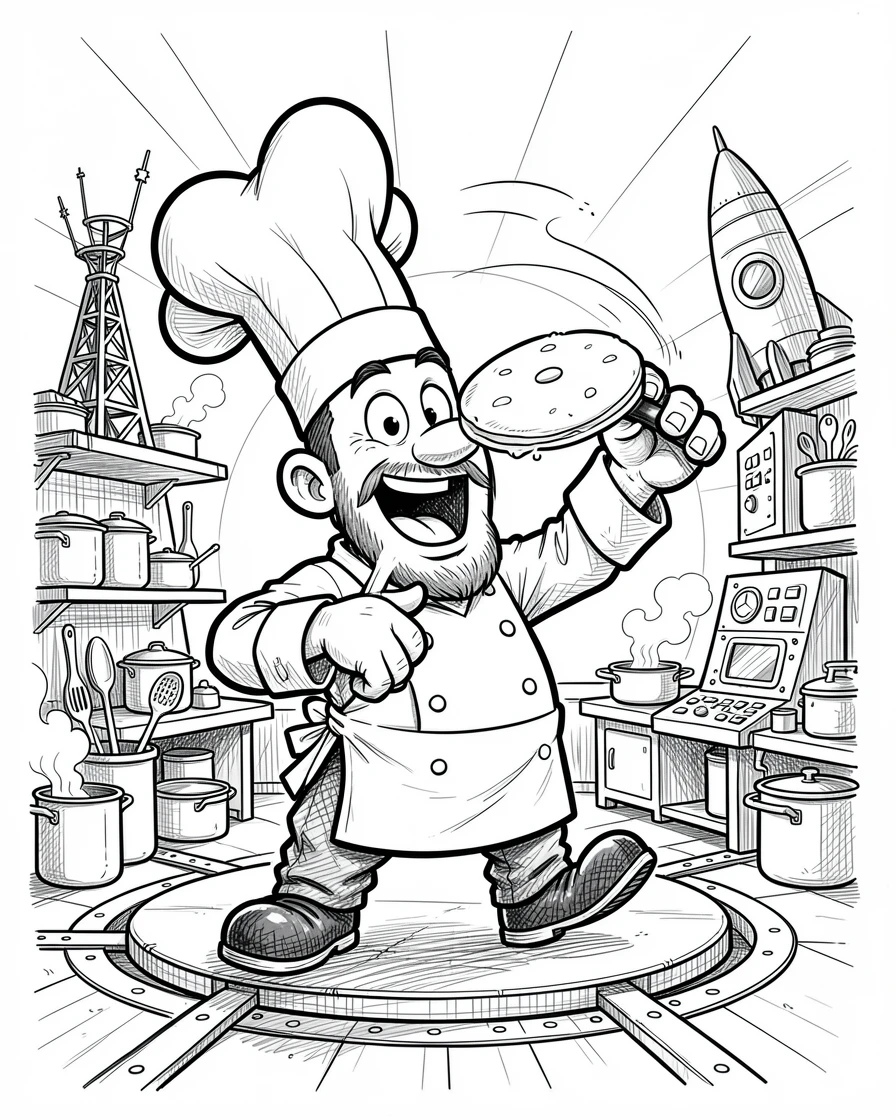 A chef flipping a pancake mid-air in a busy kitchen on a launch pad at sunrise.
