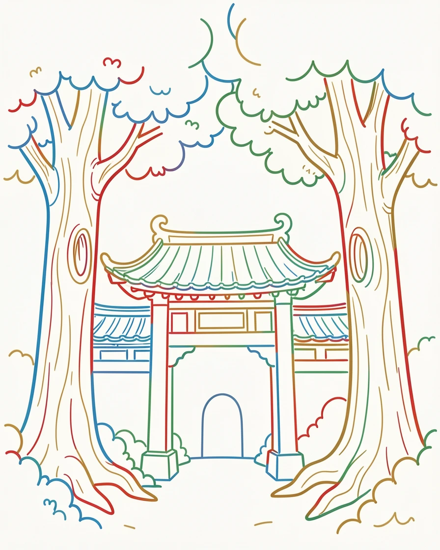 A traditional temple gate framed by towering ancient trees.