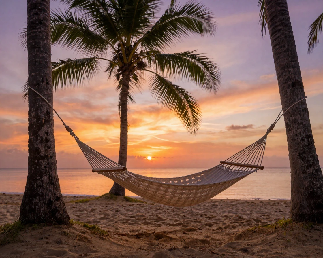 A hammock swaying gently between two palm trees at sunset