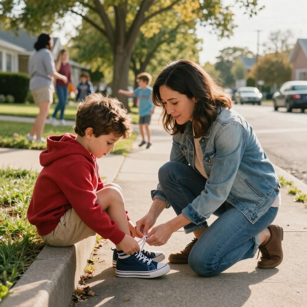 A mother ties her son's shoelaces for the first time he'll remember on his own.