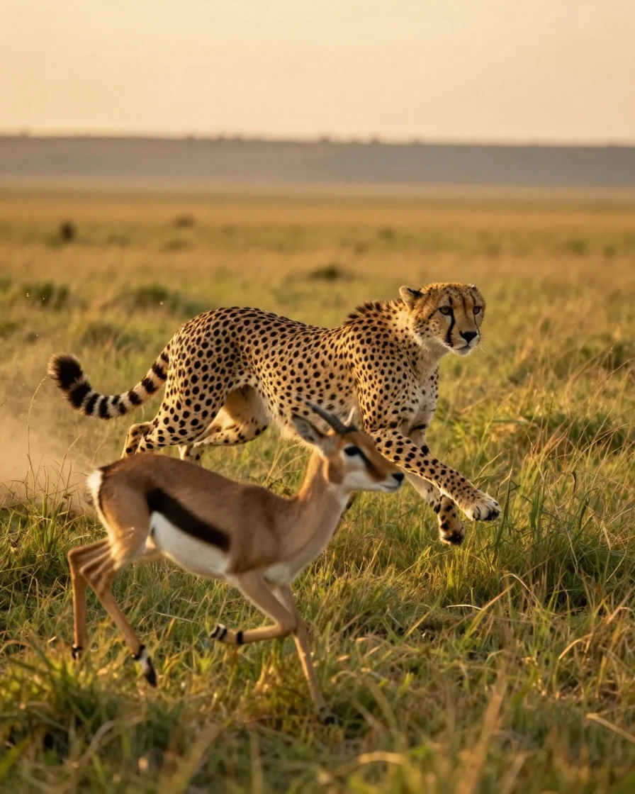A cheetah sprinting at full speed across the grasslands chasing a gazelle