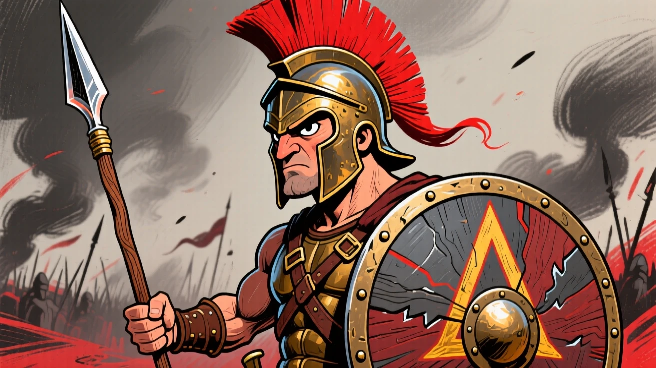 An ancient Spartan warrior standing firm with shield and spear at the front line.