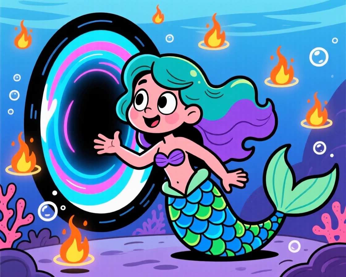 An imaginative fantasy scene of a curious mermaid discovering a portal shimmering with otherworldly light, surrounded by drifting glowing embers.