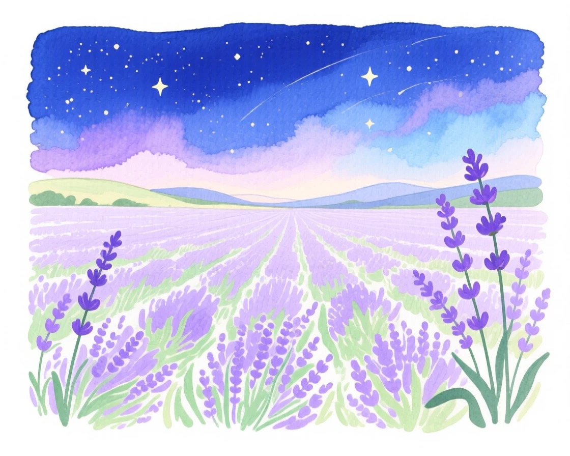A serene landscape of a field of lavender stretching to the horizon under a blanket of stars