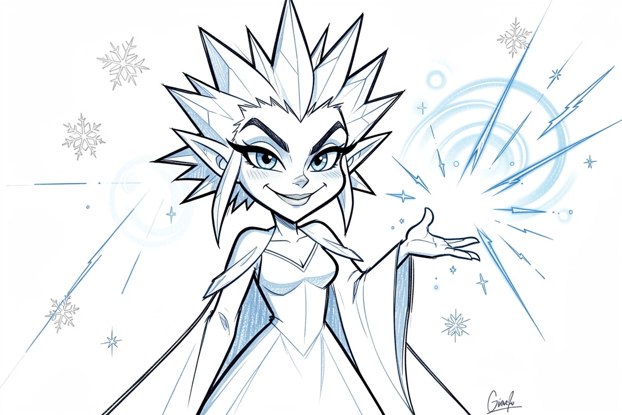 [Fantasy & Imaginative Scenarios] Imaginative fantasy scene of a mischievous ice queen casting a spell of shimmering light, brimming with wonder