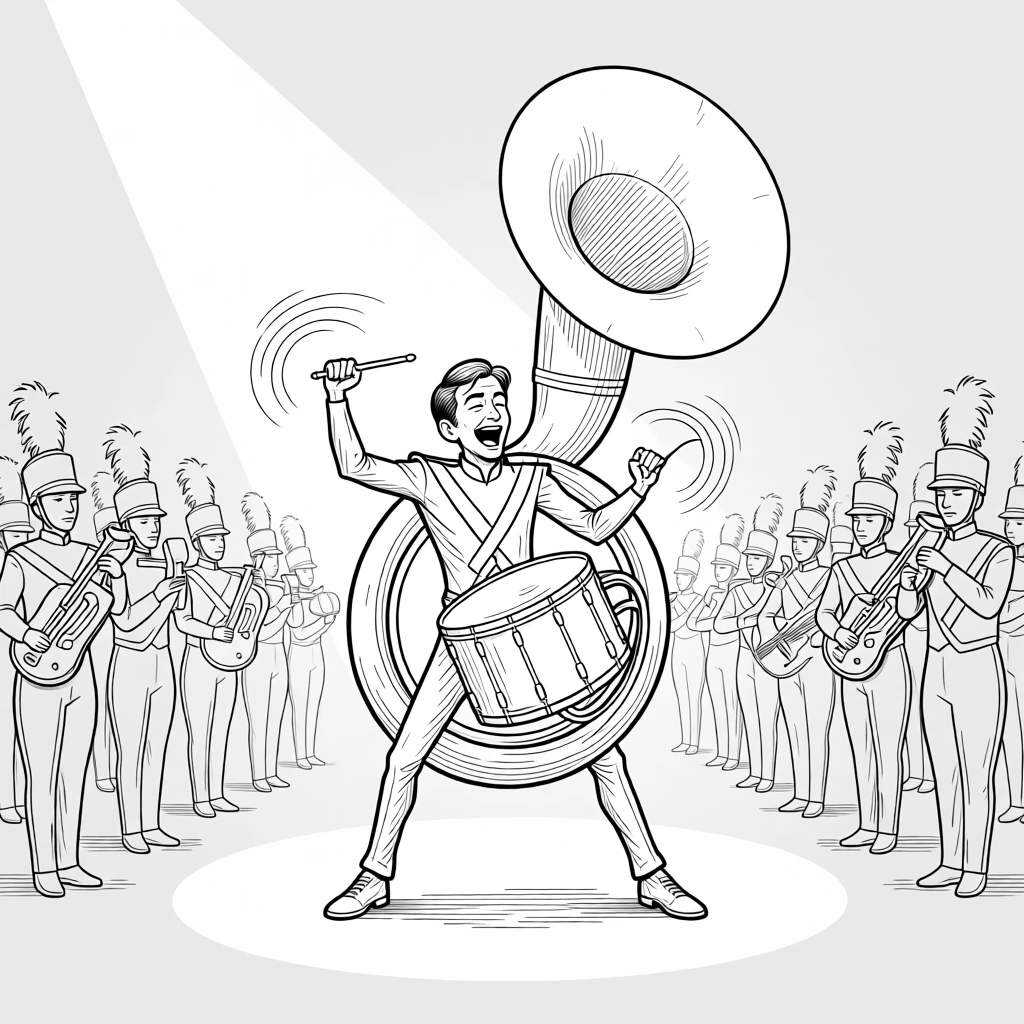 A drummer mid-solo with sticks blurring in motion, wobbling slightly under the enormous brass instrument, set in the middle of a marching band formation. A single spotlight follows every twirl. It captures the pure ecstasy of a performance in full swing.