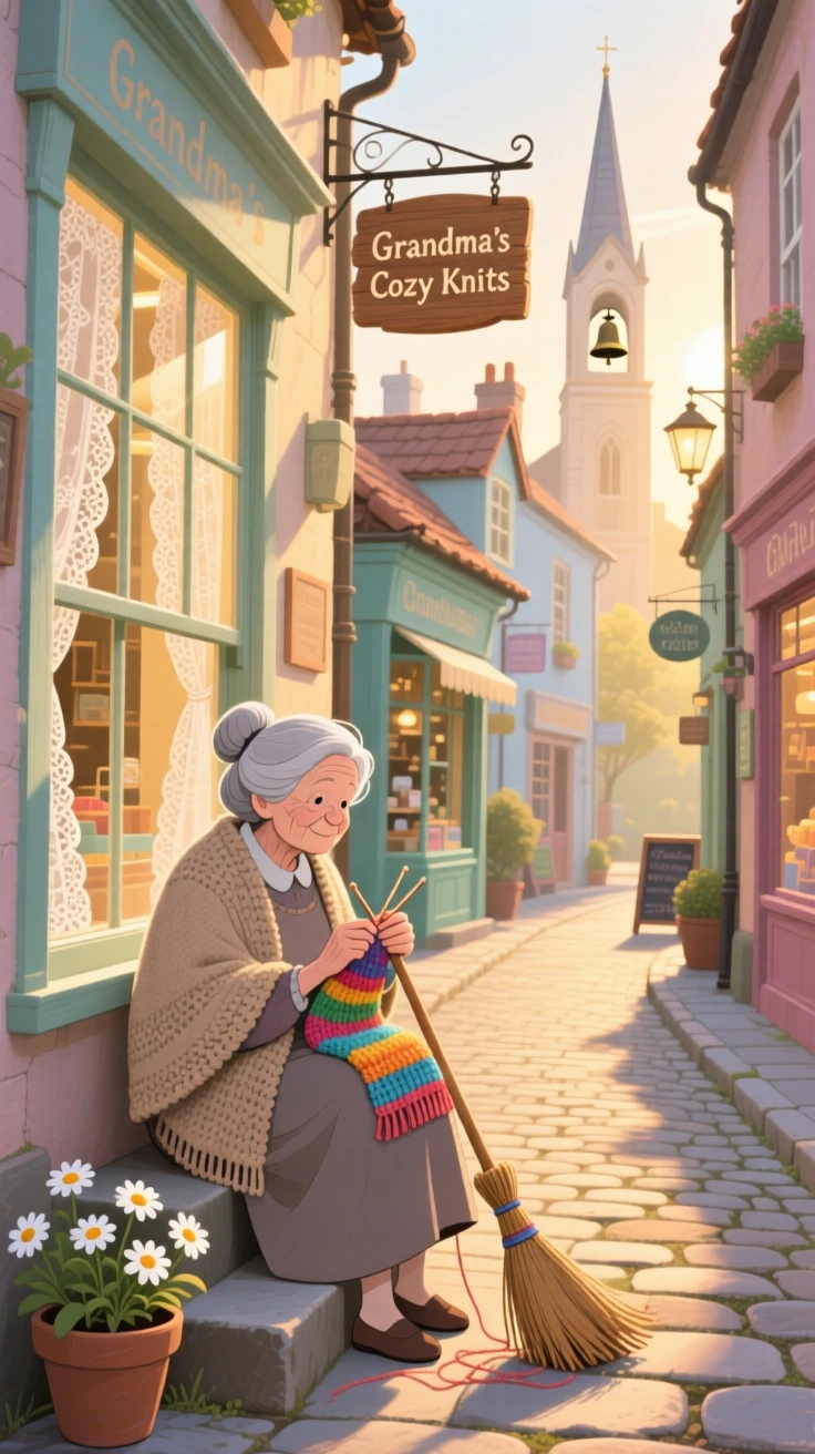 A grandmother knitting by the window pauses while sweeping the front steps at sunrise in a narrow alley lined with shops, as the church bell rings in the distance.