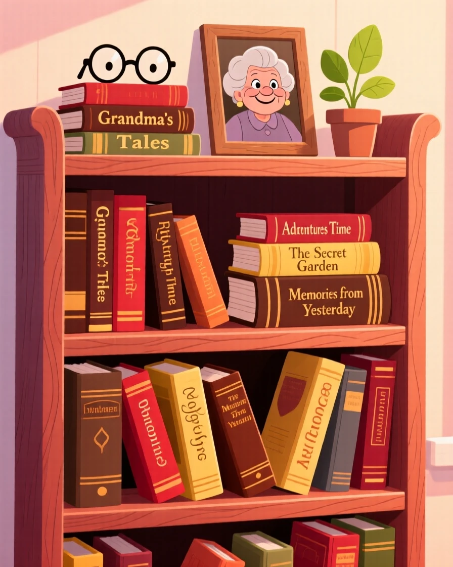 A grandmother's bookshelf filled with decades of well-loved novels.