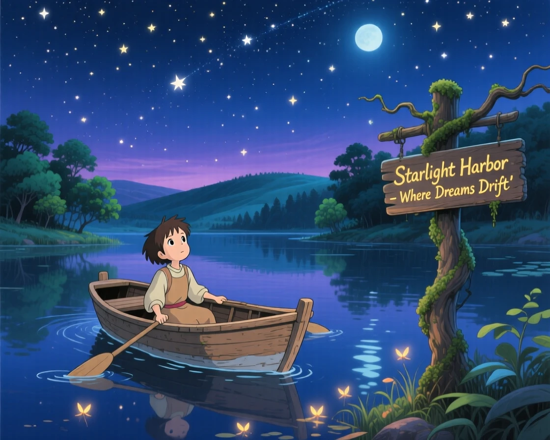 A nighttime scene of a small boat drifting beneath a sky full of stars, hushed and magical.
