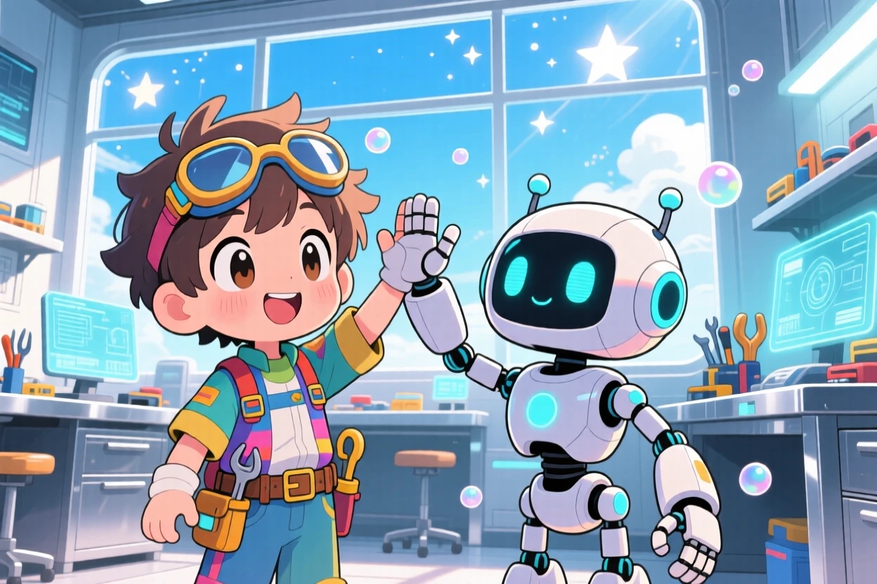 A child engineer high-fiving a friendly helper robot in a bright futuristic workshop under a clear summer sky; sparkling starlight washes over the scene as bubbly enthusiasm fills the moment. Waist-up portrait.