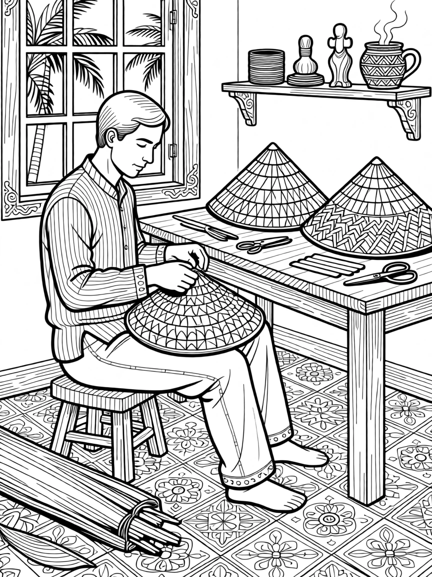 A conical hat weaver working with palm leaves.