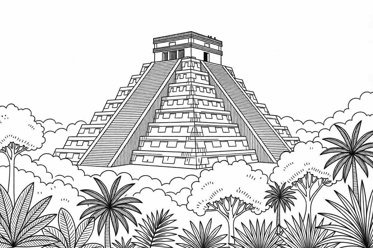 An Aztec pyramid rising above a jungle canopy
