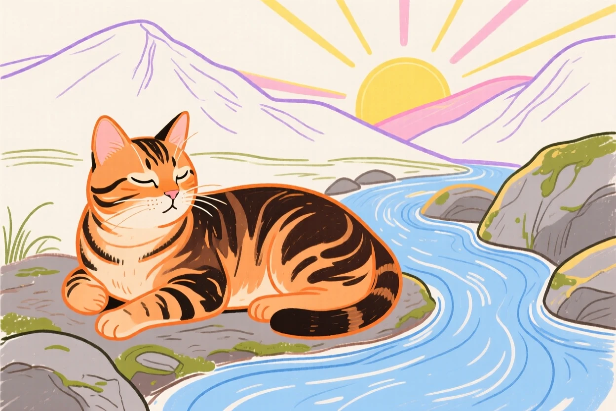A tabby cat resting beside a mountain stream at sunrise.