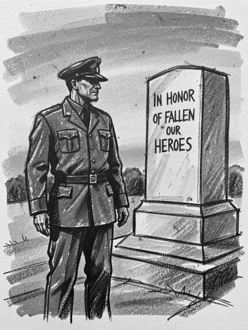 A veteran saluting a memorial at dawn, as the last light of day fades to dusk.
