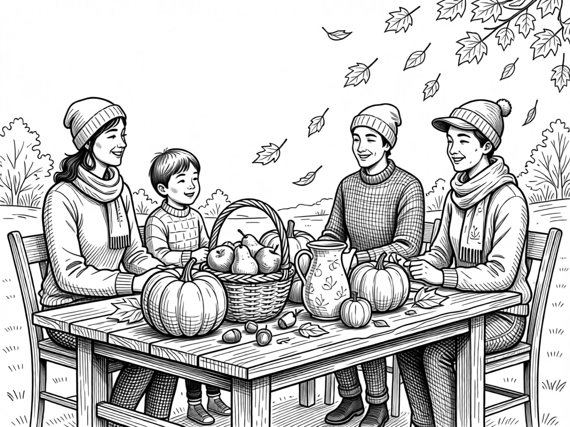 A festive autumn equinox gathering with a table set beneath falling leaves.