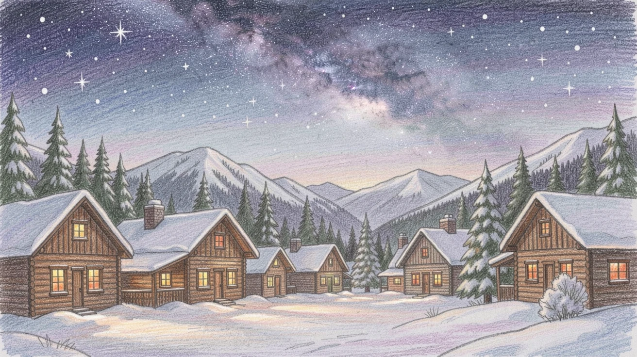 A Colorado mountain town glowing beneath a starry winter sky, captured in a quiet, intimate moment full of atmosphere, evoking nostalgia and a deep sense of contentment.
