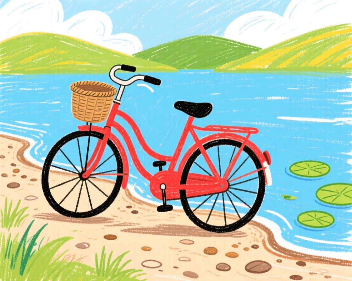 A vintage bicycle resting on the shore of a calm lake.