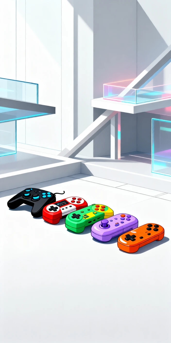 A row of colorful gaming controllers arranged neatly, surrounded by clean minimalist architecture, composed with layered depth suggesting advanced technology, with a subtle sense of wonder about future possibilities.