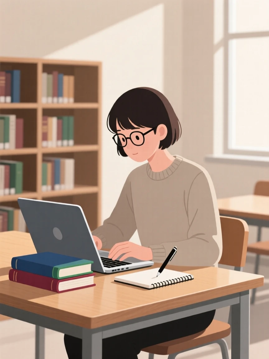 A university student studying with a laptop and stack of books in a library.