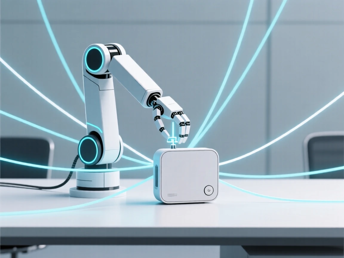 A sleek robotic arm assembling a product placed in a minimalist tech office, surrounded by a network of glowing wires, conveying forward-looking innovation.