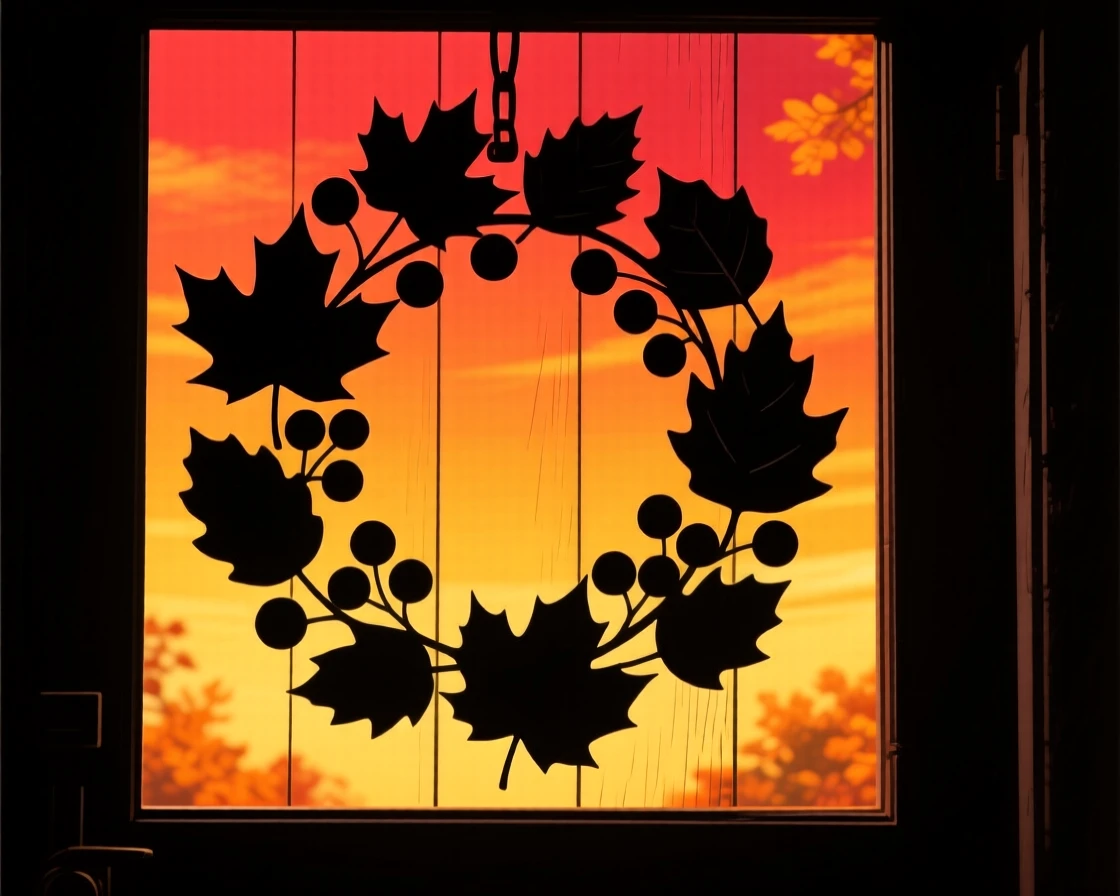 A wreath of autumn leaves and berries hanging on a wooden door.