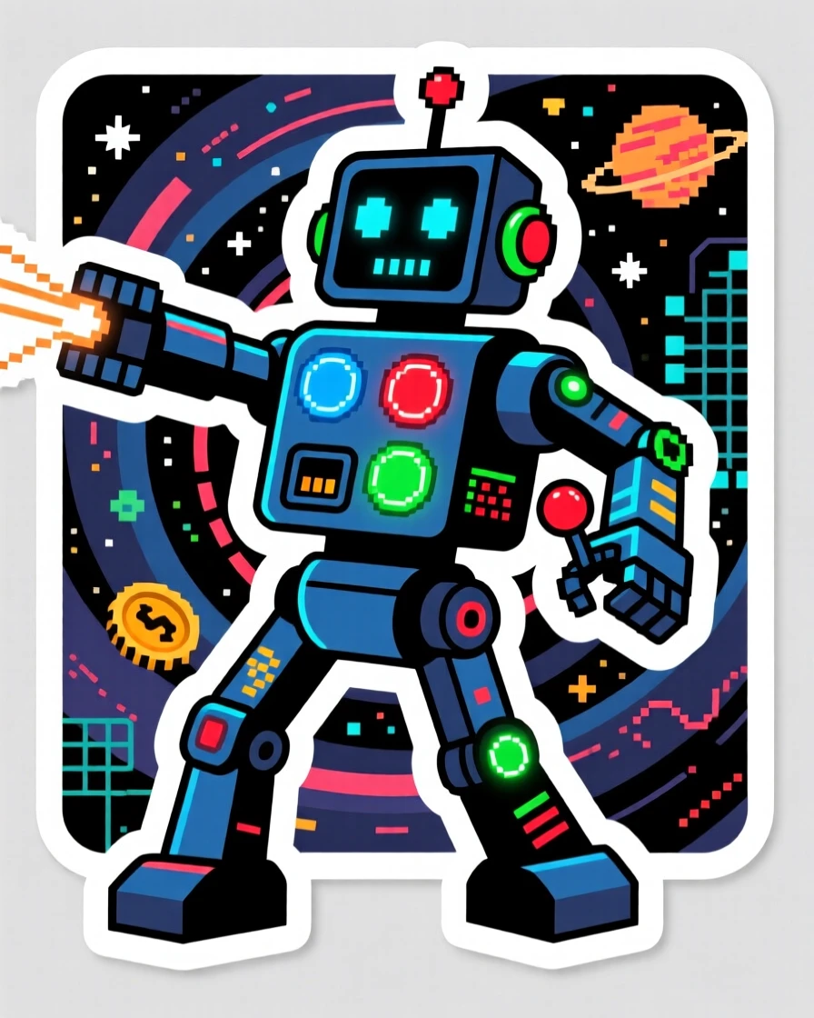 A wildly imaginative retro arcade robot with glowing buttons, caught mid-action with dramatic energy, in an epic imaginary universe.