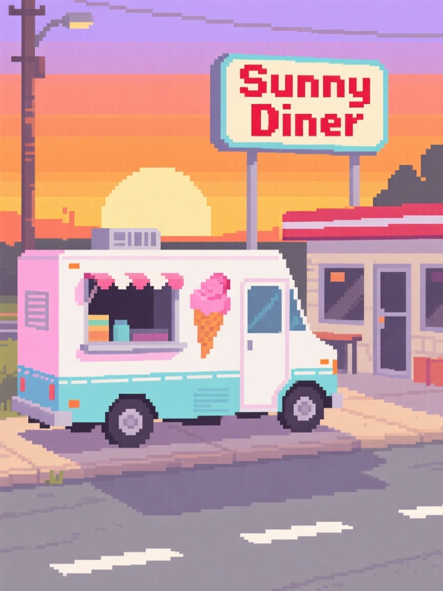 An ice cream truck parked on a quiet street framed by a glowing orange sunset, at a roadside diner along an old highway.