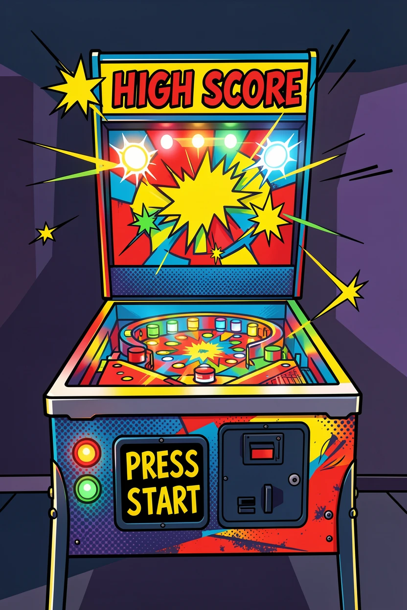 A pinball machine lit with lively lights in a dim room